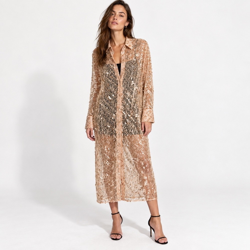 Zara Rose Gold Sequin Mesh Midi Shirt Dress Sheer Long Sleeve Button Up L KMR